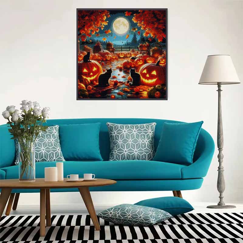 DIY Diamond Painting Canvas Pumpkin Night Cat Full Moon Pattern 5D Rhinestone Art Kit for Home Wall Decor Craft Hobby Set