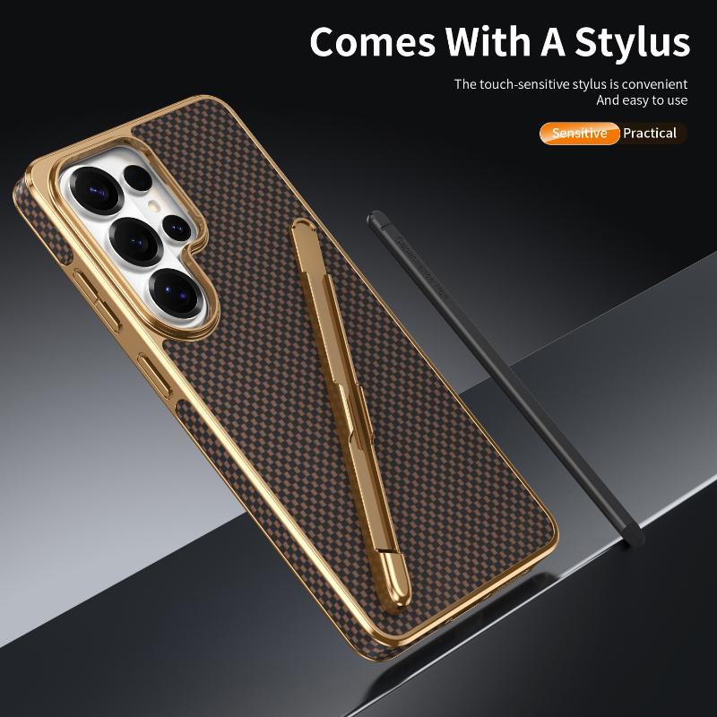 Plated Soft TPU+arbon Fiber Texture Artificial Leather Phone Case For Samsung S25 Ultra S26 S23 S22 S24 Ultra Plus With Touchpen