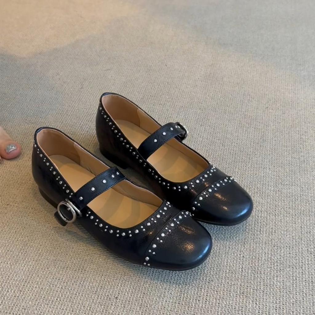 Sheepskin Version~ Gentle Wind Shallow Mouth Rivets Mary Jane Single Shoes Women's Versatile Flat Bottom One Word with Ballet Shoes