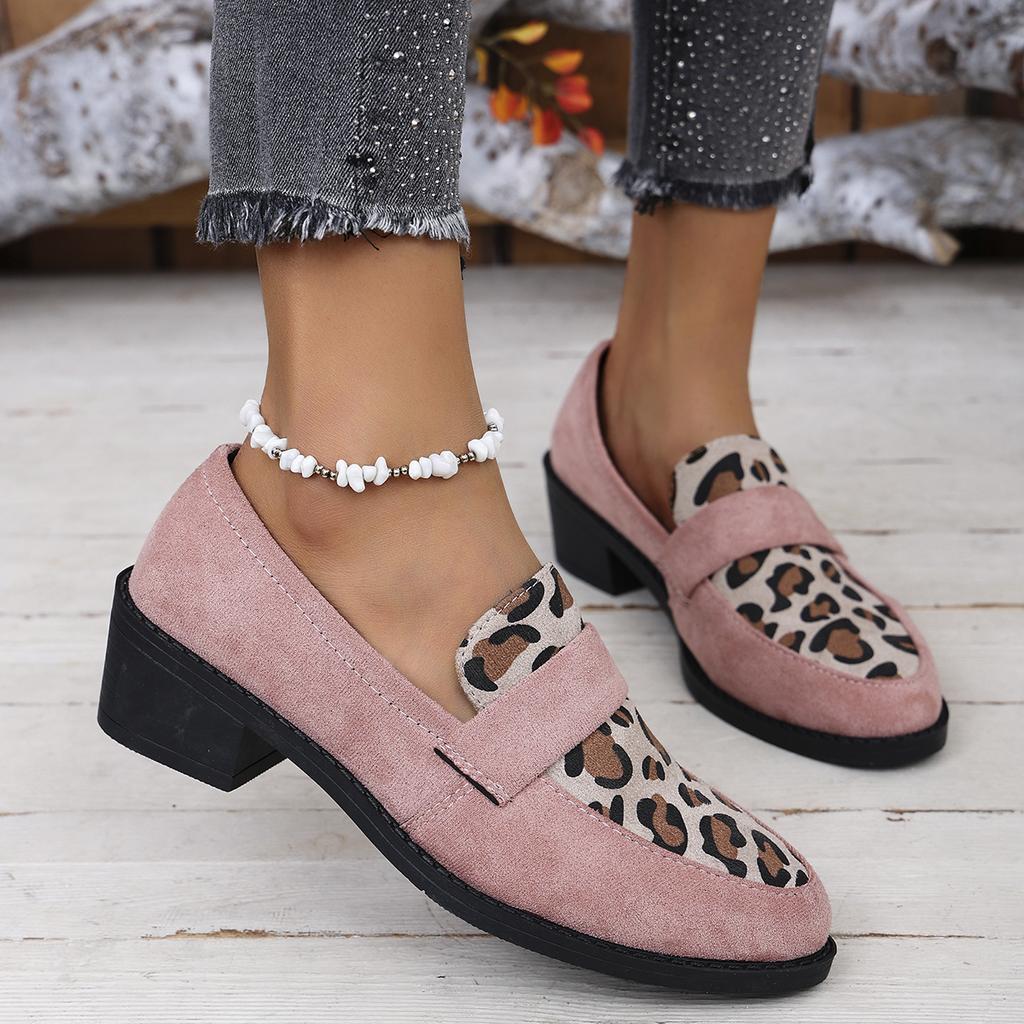 Women Pumps Spring and Autumn Fashion Loafers Large Size Casual Medium Heel Leopard Print Color Slip-On High Heels Shoes Women