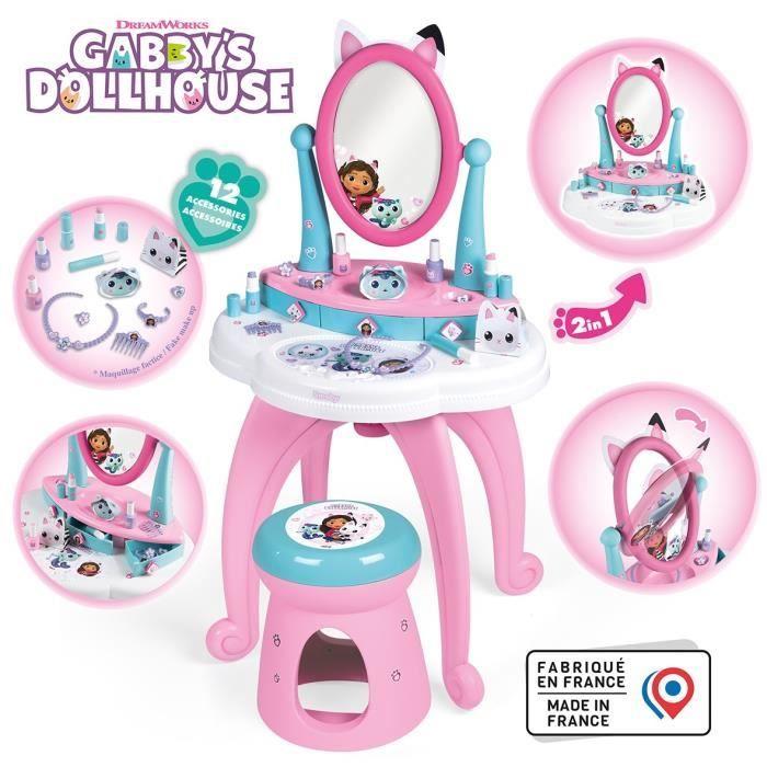 Smoby - Gabby og det magiske dukkehuset - Sminkebord for barn 2 i 1 - Krakk inkludert - 12 tilbehør - Justerbart speil
