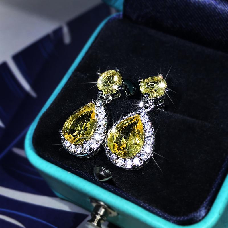 Elegant Temperament Yellow Zircon Drop Earrings  Sterling Silver Four-Claw Diamond Earrings Ladies Party Birthday Jewelry