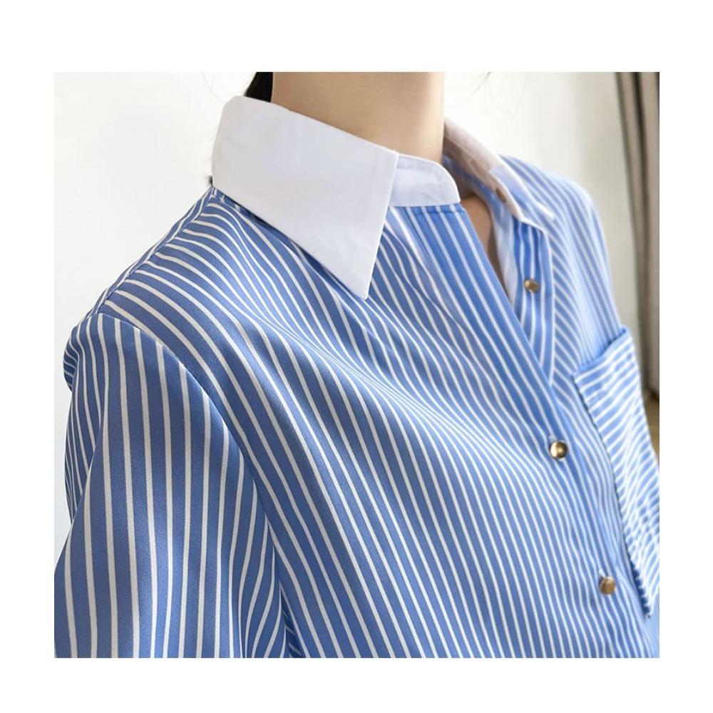 Cămașă cu Guler cu Dungi Verticale Versiune Coreeană Stil Primăvară Toamnă Nișă Temperament Navetist Cardigan cu Nasturi Multipli