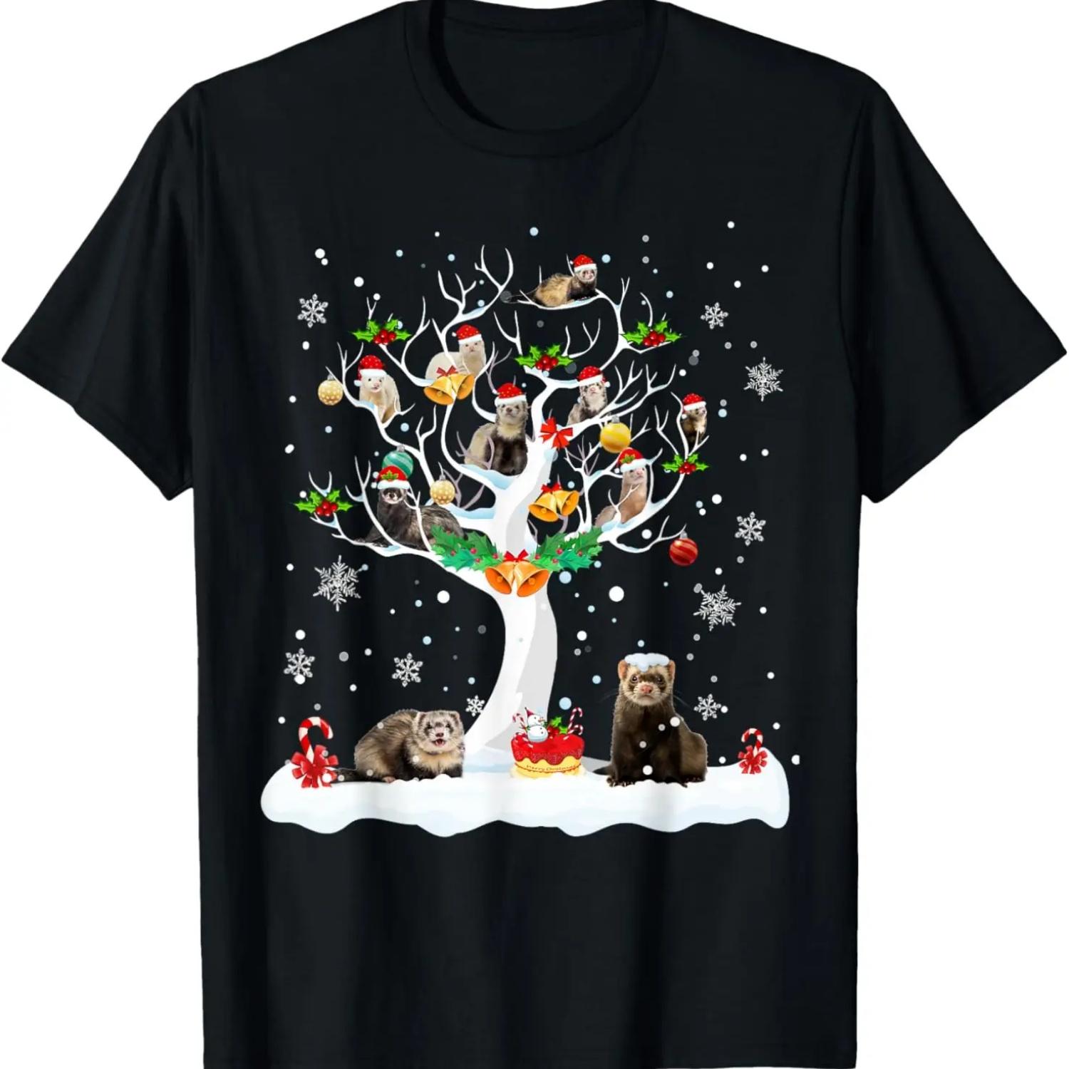 Ferret Christmas On Winter Tree Ferret Lover Pajamas T-Shirt S