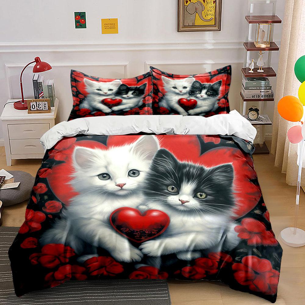 Romantic Red Heart Kitten Bedding Set,Black White Fluffy Cat Floral Valentine Print 1 Duvet Cover 2 Pillowcase For Couple Room