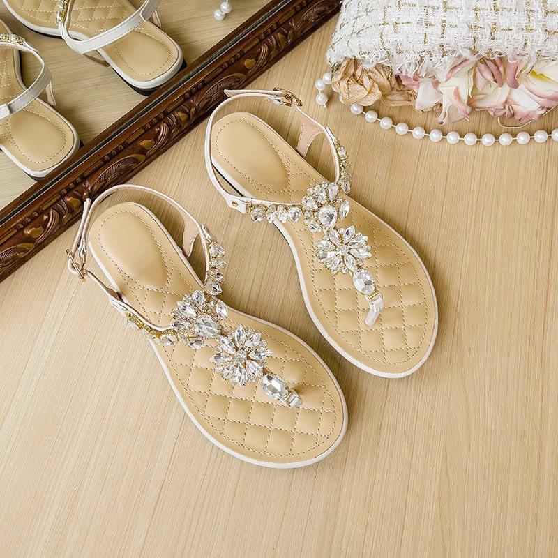 Sandals female summer new heavy industry rhinestone fairy wind flat bottom student toe women's shoes seaside beach shoes sandals