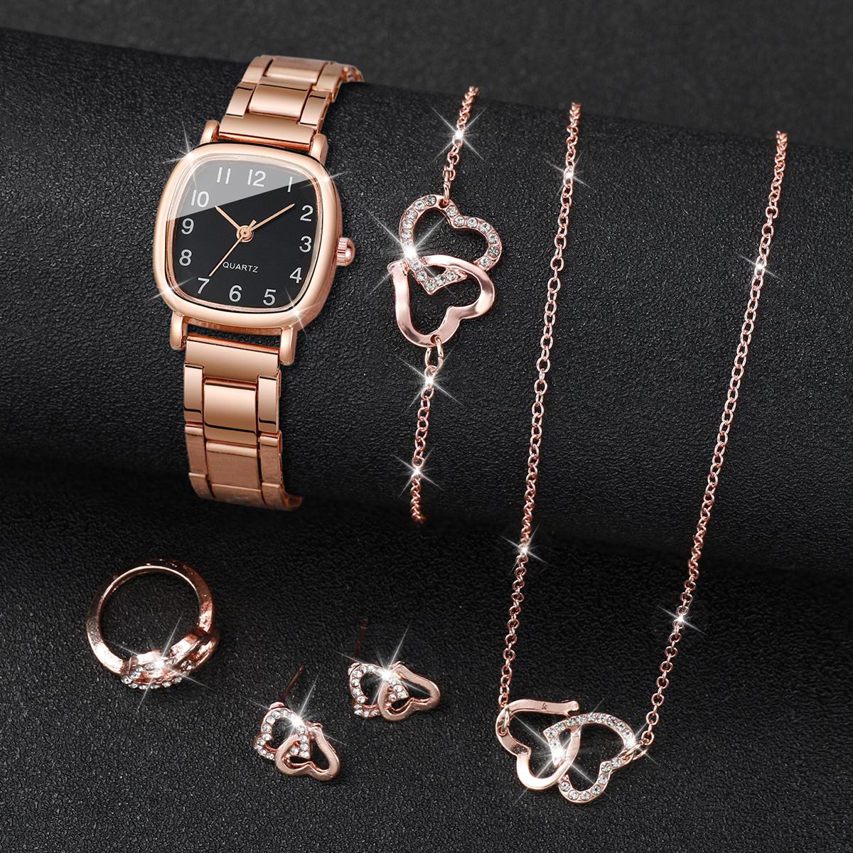 

5PCs/Set Women s Square Watch Small Head Steel Band Quartz Watch Jewelry Set ярко-розовый