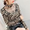 Women's Autumn and Winter Plush Leopard Print Bottom Shirt Large Size Long Sleeve Lace Embroidered Top