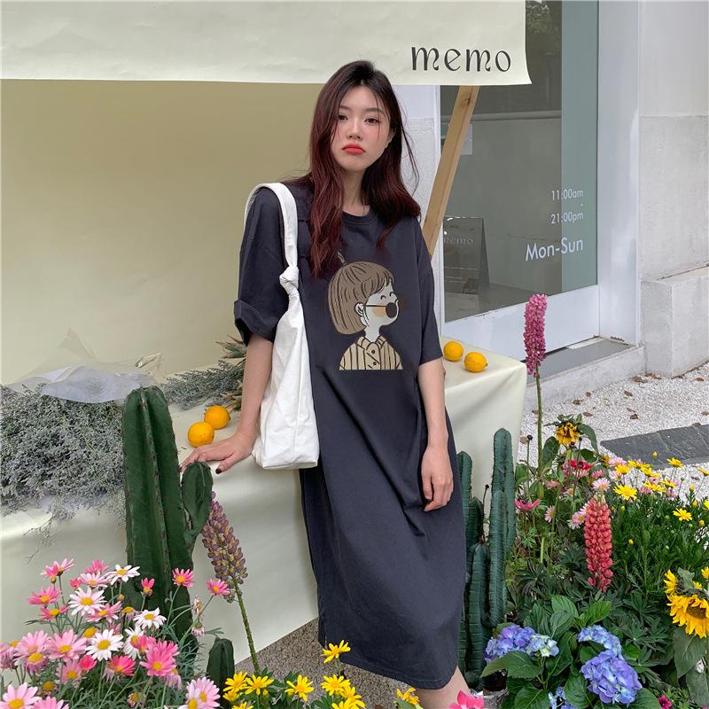 Cotton Summer New Korean Loose Letter Printing Student Slit Short Sleeve Mid-length Dress for Women