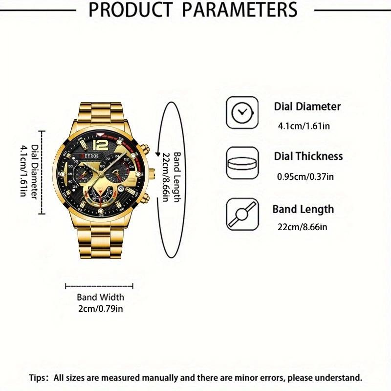 3pcs/set Fashion Men's Calendar Luxury Business Stainless Steel Quartz Wrist Watch & Bracelet Necklace Set, Best Gifts for Him