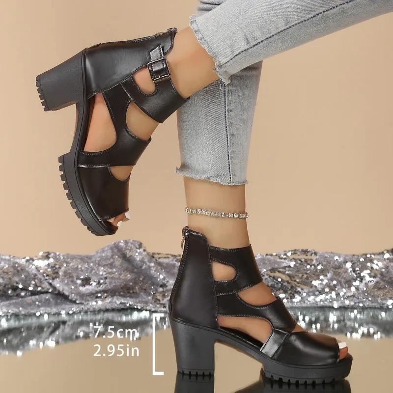 2025 Summer Women's Peep Toe Sandals Platform Buckle Chunky Heels Back Zip Sandals for Plus Size Retro Daily Dress Shoes