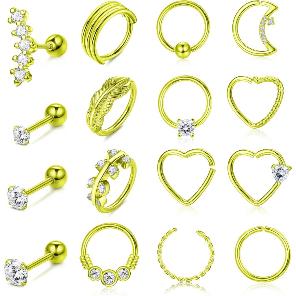 Fashion Colorful Nose Rings, Earrings & Lip Rings Stainless Steel Hypoallergenic Body Piercing Set, Exquisite Wedding Jewelry