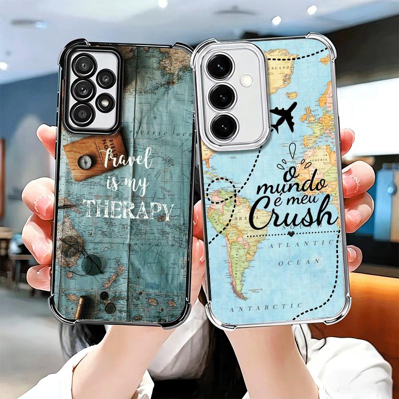 Travel Map Artistic Pattern Plating Phone Case For Samsung A17 A07 A37 A57 A16 A56 A15 A55 A14 A54 A13 A53 A26 A36 A25 A35 A24 A