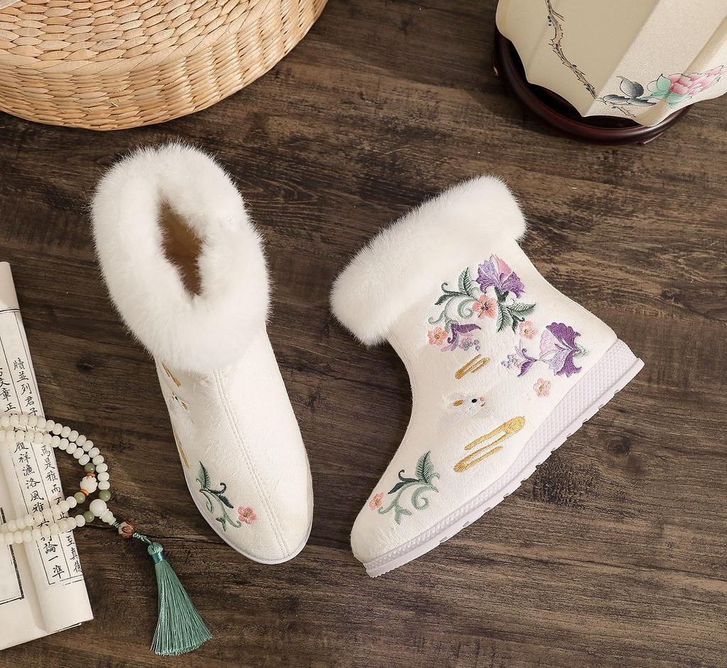 Dame Vinterstøvletter med Fuskepelsfôr Utendørs Sklisikre Ankelstøvletter med Broderi Glidelås Casual Korte Ankelstøvletter med Plysjfôr for Damer