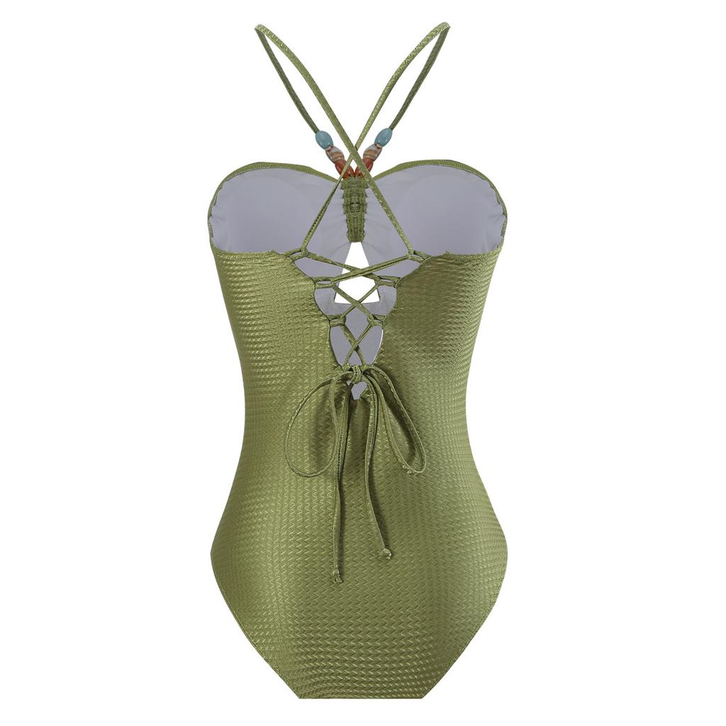 Charming Halter Neck Beaded Decor Hollow Out Bikini Swimsuit With Slit Skirt For Beach
