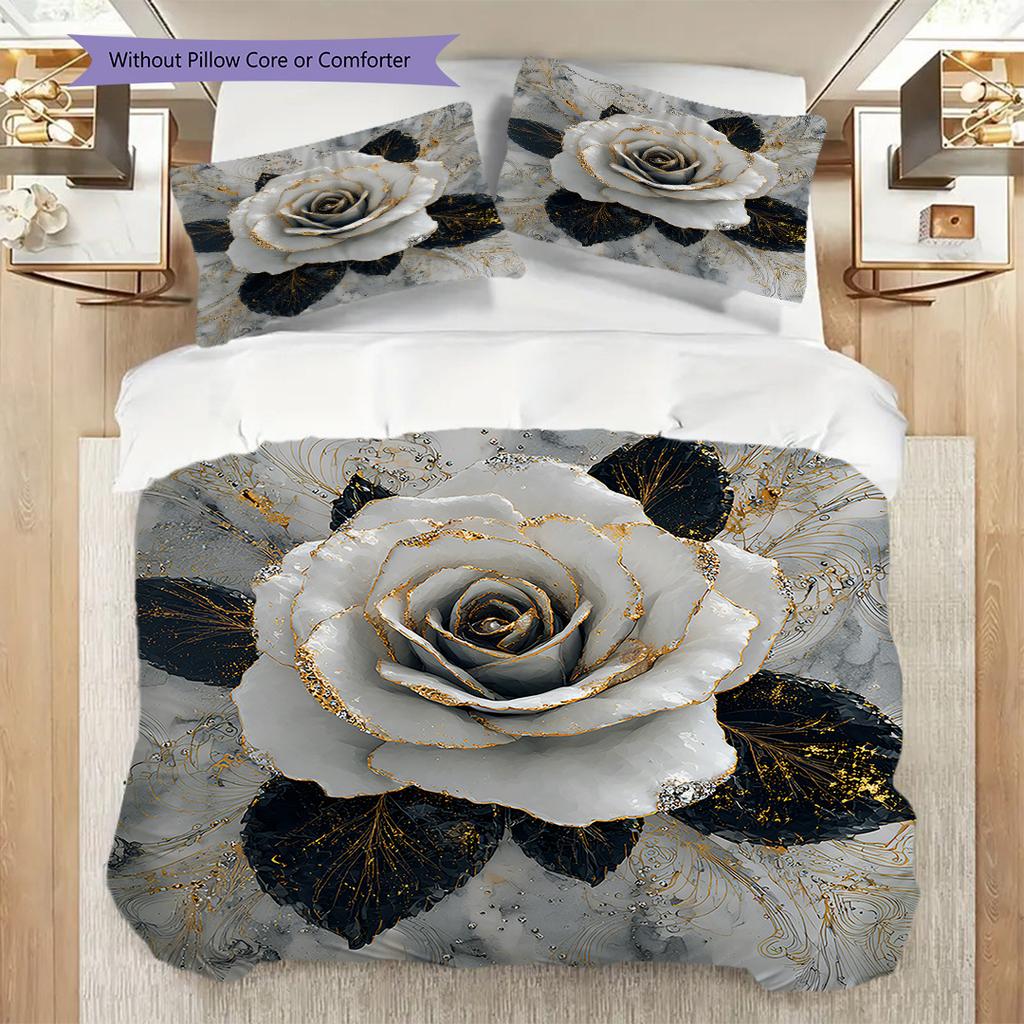 Camellia Pattern Bedding Quilt Set Quilt Cover Pillowcase Home Decoration Birthday Gift (1 * Duvet Cover + 2 * Pillowcase, Without Core)