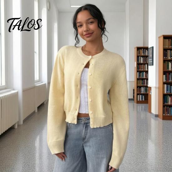 Maglia Lunga Manica Lunga Donna Cardigan Corto a Maglia, Top con Bottoni, Maglione Leggero Casual Girocollo per Primavera Autunno Aperto Davanti