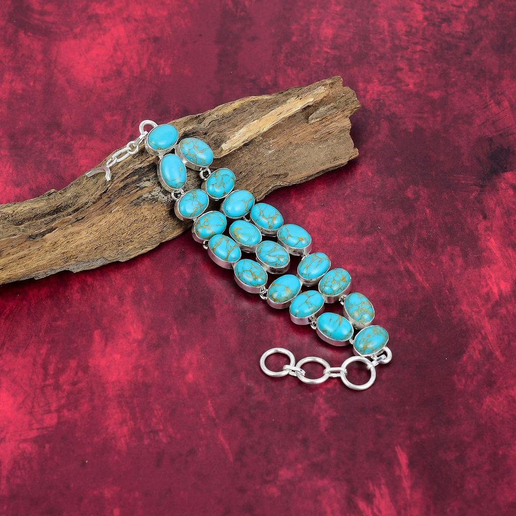 Blue Copper Turquoise Handmade Gemstone Bracelet, 925 Solid Sterling Silver Bracelet Antique Jewelry, For Engagement Gift
