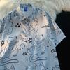 Cat Pattern Short Sleeve Shirt for Woman Harajuku Style Loose Student Casual Shirts Summer New Lapel Single Breasted Top