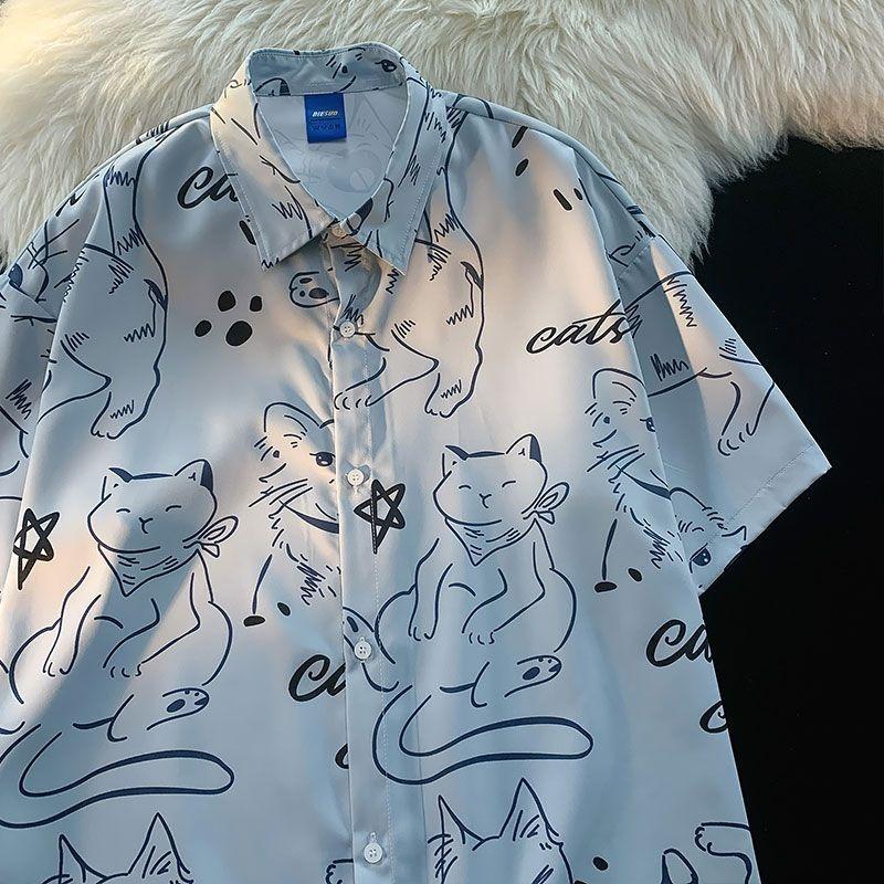 Cat Pattern Short Sleeve Shirt for Woman Harajuku Style Loose Student Casual Shirts Summer New Lapel Single Breasted Top