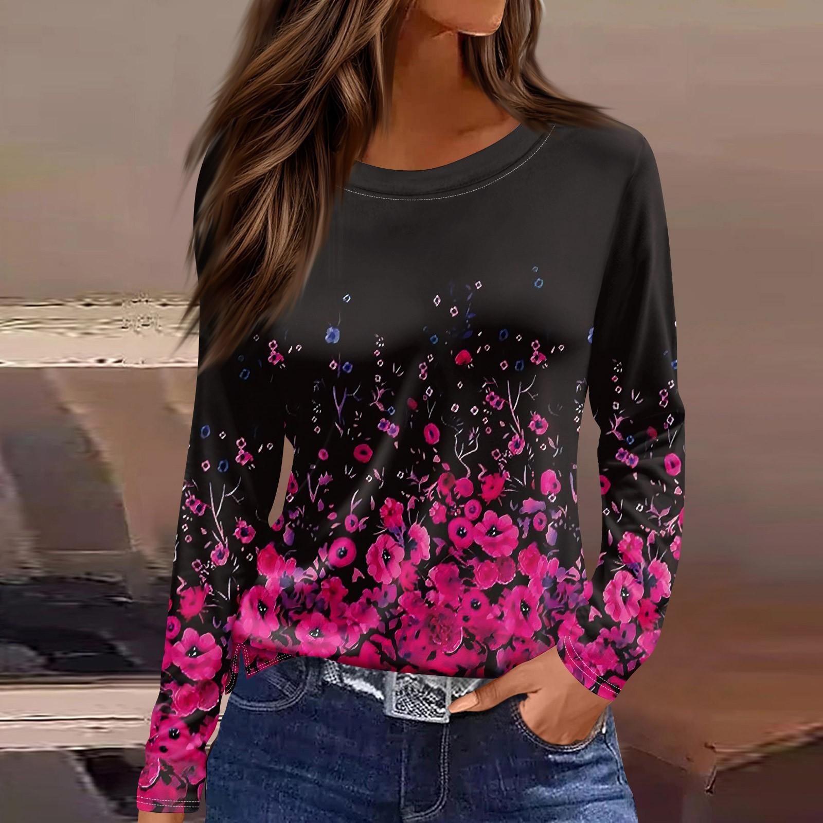 

Жіноча модна повсякденна футболка з розрізом і круглим вирізом з довгим рукавом і принтом. L