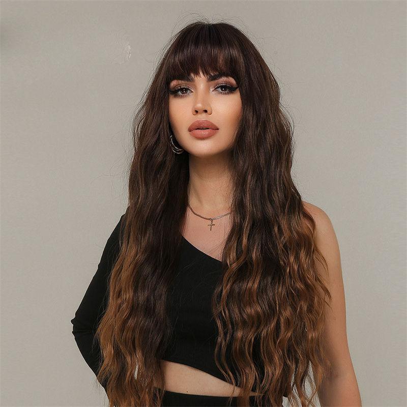Straight Bangs Long Hair Curly Hair Gradient Brown Fluffy Natural Wig Women Water Ripple
