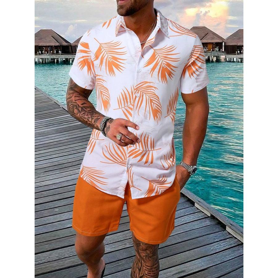 Men's Summer Tropical Flower Hawaiian Shirt, Palm Leaf Print Short-Sleeve Shirt and Shorts Set