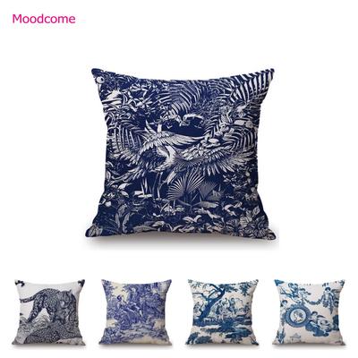 Fransız Toile De Jouy Delft Mavi Flamingo Kuş Kaplan Kraliyet Mahkeme Desen Zarif Dekoratif Kanepe Yastık Kılıfı Yastık Kılıfı Kılıfı