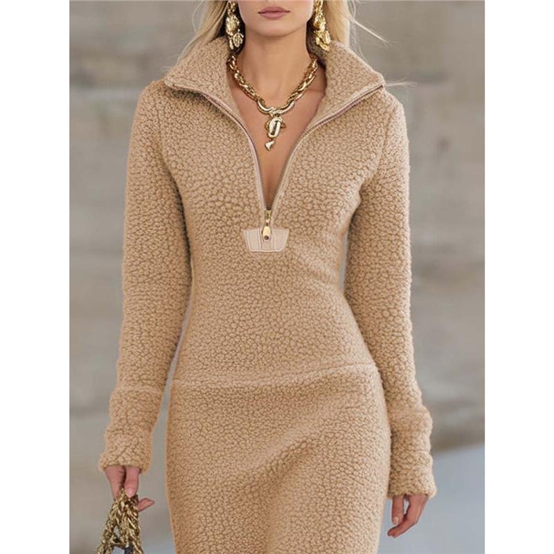Women s Polo Neck Long Sleeve Maxi Dress Mid Waist Casual Commuter Midi Dress S