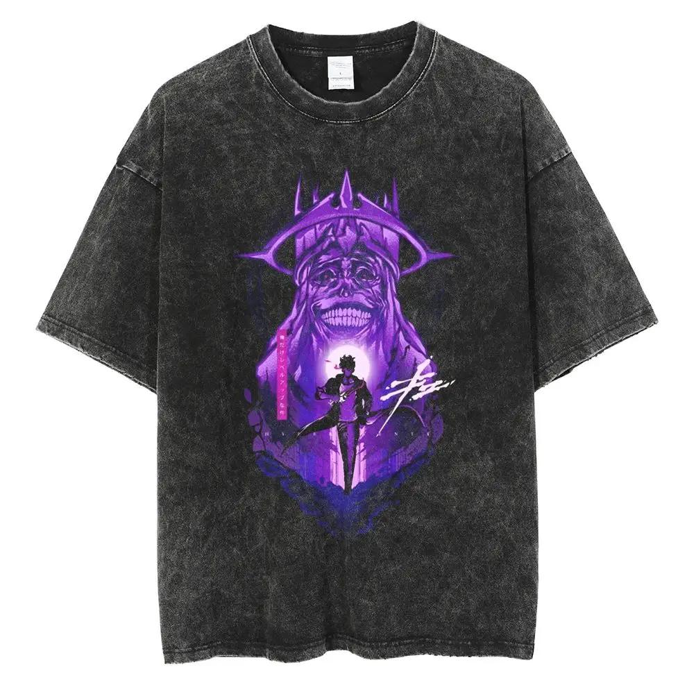 Hot Summer Anime Solo Leveling Sung Jin Woo Print T-shirt Women High Quality Washed Cotton T-shirts Harajuku Plus Size T Shirt