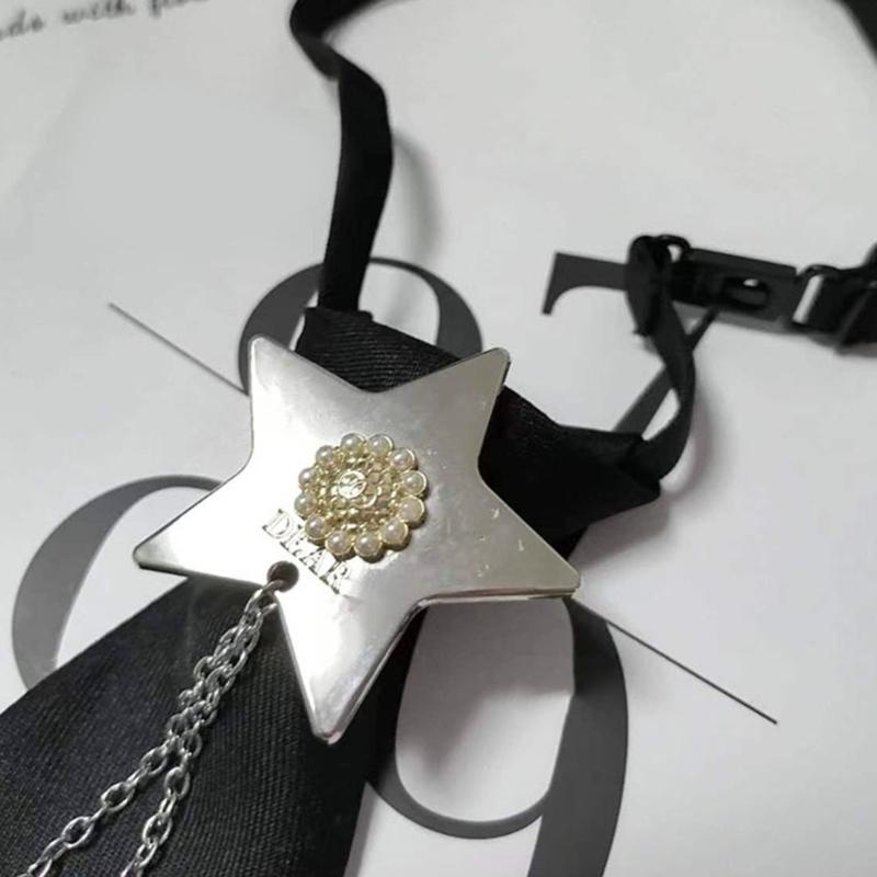 Japanese Style Women Mens Adjusted Pre-Tied Small Necktie Punk Metal Chain Tassels Star Jewelry Neck Tie Neckwear