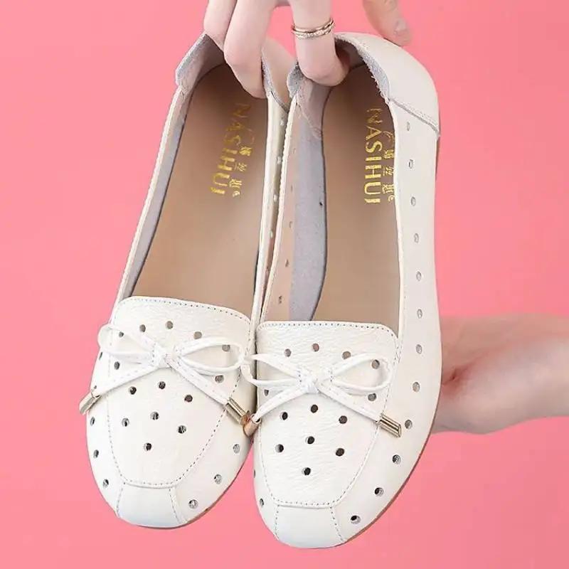 Fashion Round Toe Bow Flat Shoes Woman  Autumn Mother Breathable Comfortable Soft Leather Casual Shoes Zapatillas Mujer