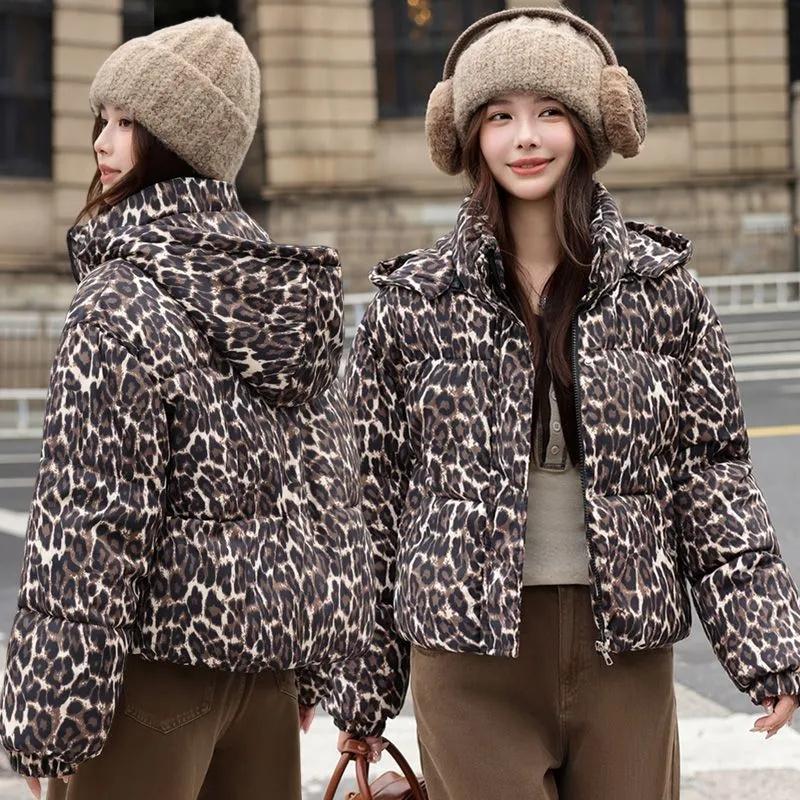Giacca Imbottita in Cotone con Stampa Leopardata da Donna Parka Invernale Caldo Cappotto di Cotone Moda Capispalla con Cappuccio Soprabito Femminile