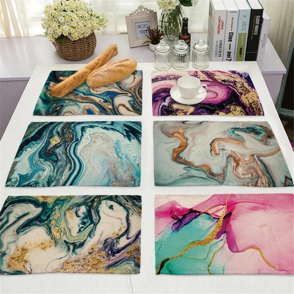 Green Rose Pink Marble Printing Linen Placemat for Dining Table Drink Coaster Home Decor Dining Mat Modern Kitchen Cup Pads