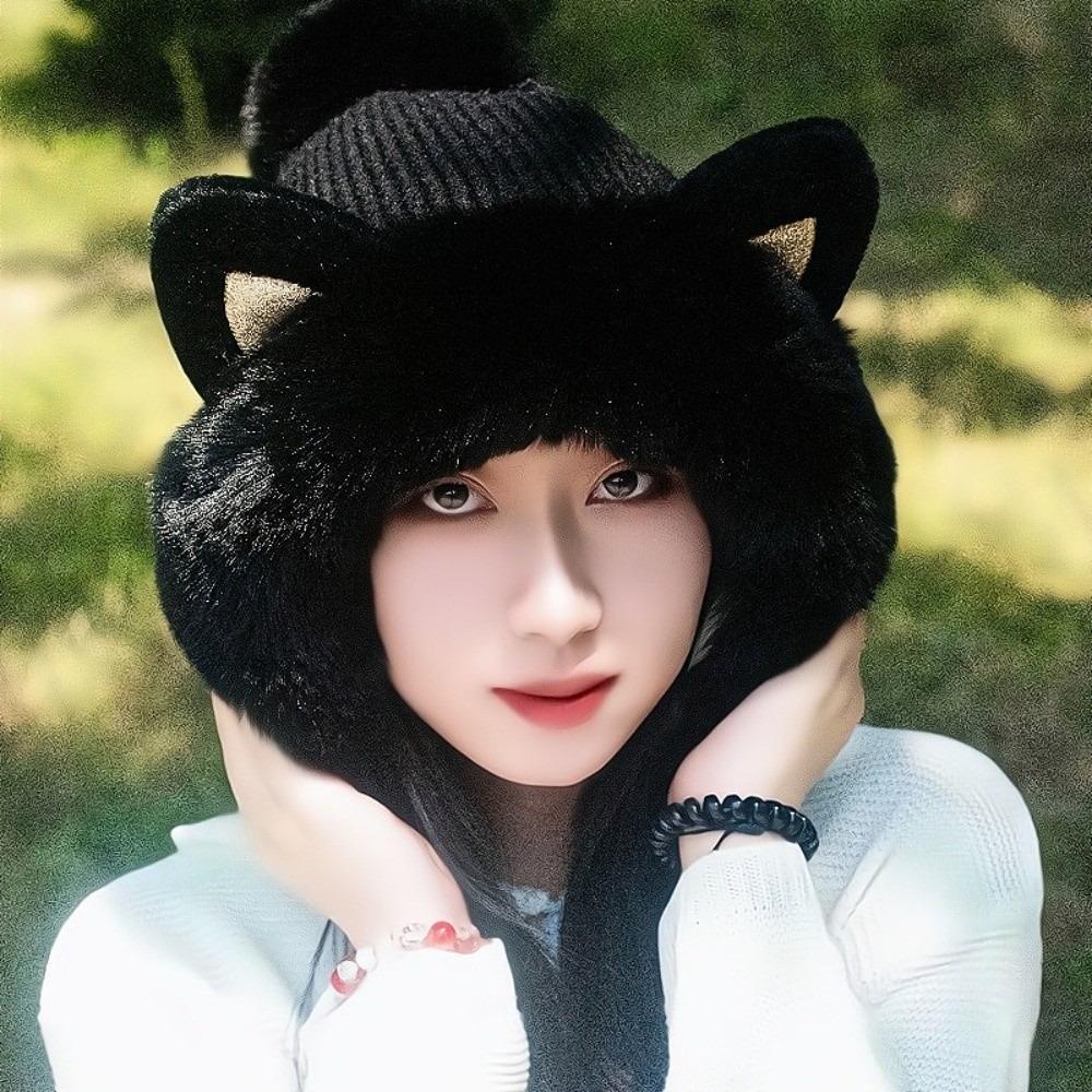 Woolen Winter Plush Hat Cartoon Ear Protection Hat Fashion Cat Ears Beanie Streetwear