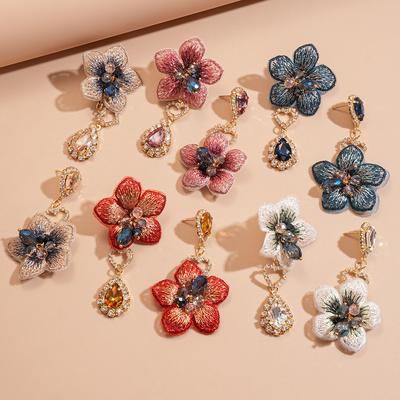 Vintage Fabric Diamond-set Asymmetrical Flower Water Drop Silver Needle Earrings Elegant Earrings