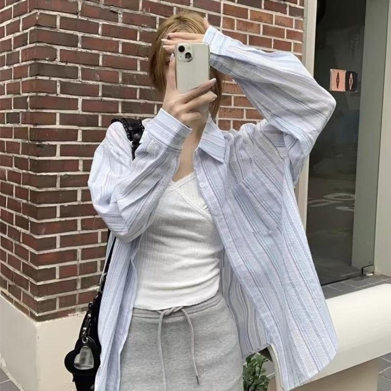 Ladies' Striped Shirt Women's Turn Down Collar Long Sleeved Blouse Summer New Version Korean Style Loose Versatile Casual Top
