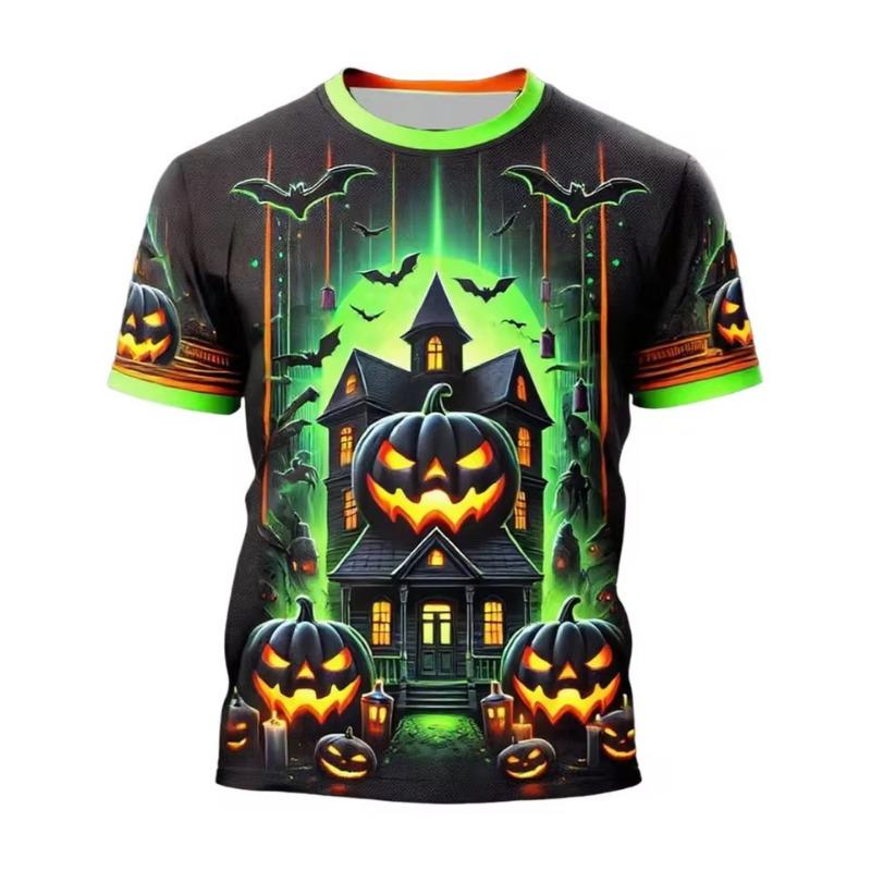 Herrenmode Halloween T-Shirt 3D Digitaldruck Horror Kürbis- und Totenkopfmuster Leuchtend Orange Lässiges Kurzarm-Oberteil