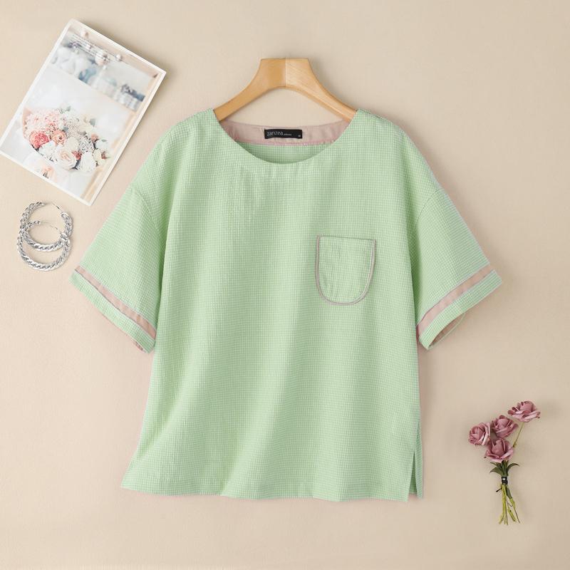 

ZANZEA Женская летняя блузка с круглым вырезом, повседневная, с принтом в клетку, с коротким рукавом M зелёный