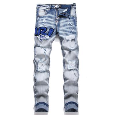 Nya och kollektion Street Style Blå Sliten Patchwork Tvättad Elastisk Smal Passform Herrjeans Modell 3606-1