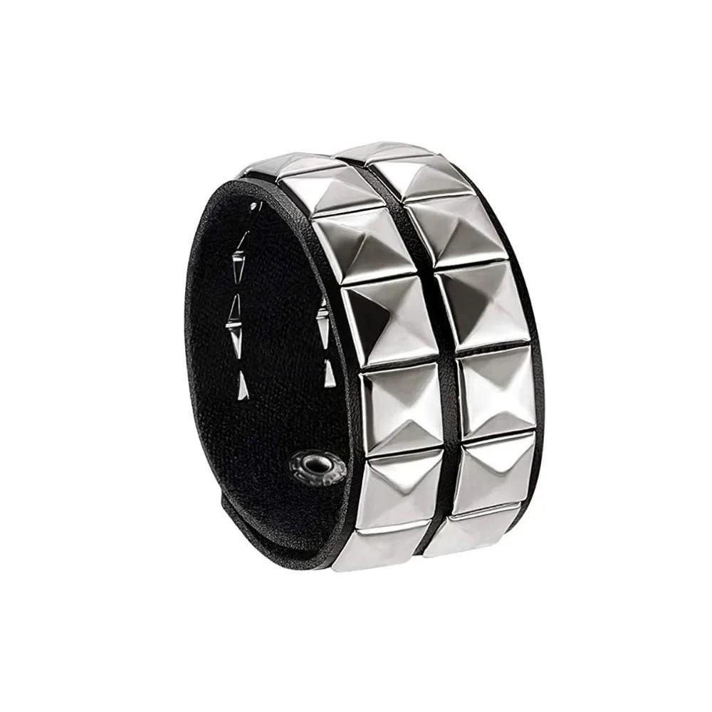 Black Leather Goth Square Washer Rivet Bracelet Cuff Wristband Punk Stainless Steel Bracelets for Armbands Men Women Party Gift