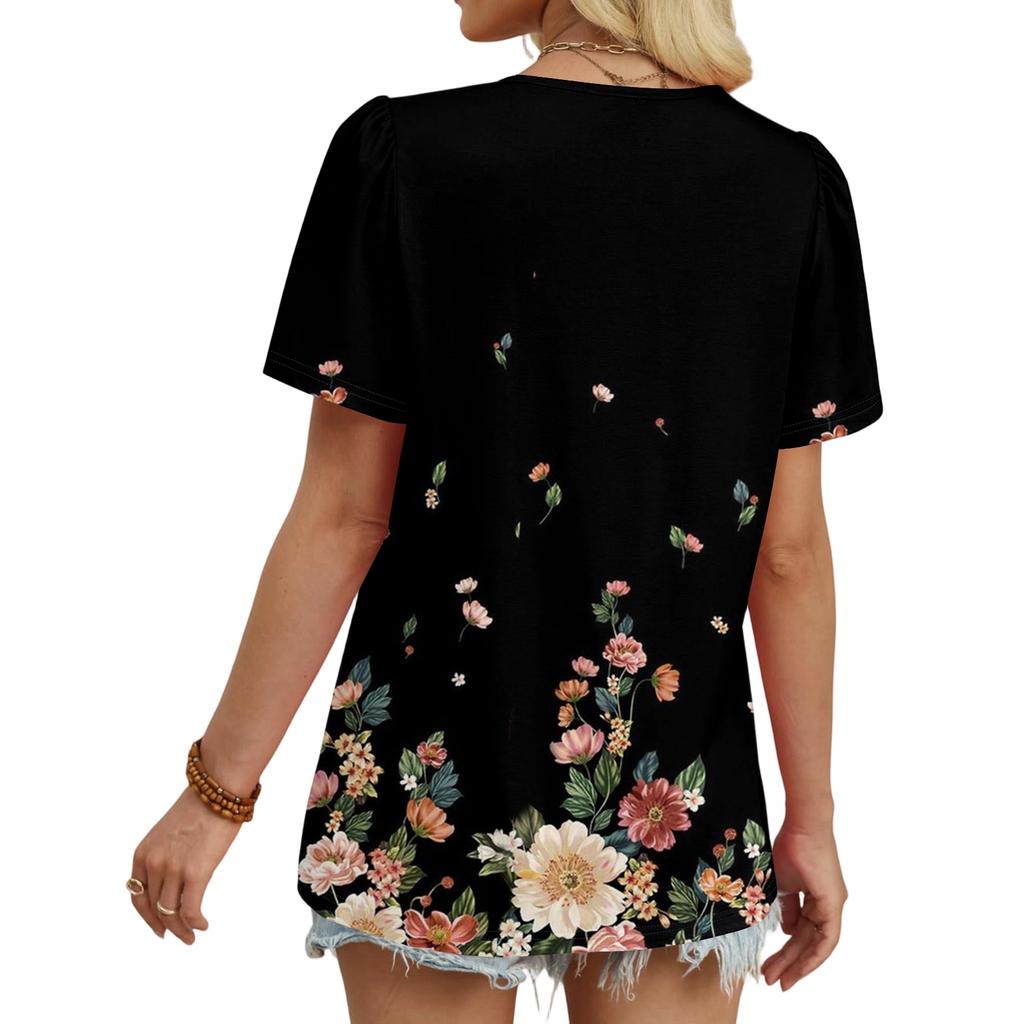 Women's Casual Fashion Round Neck Floral Printed Pleated Short Sleeve T,shirt Top