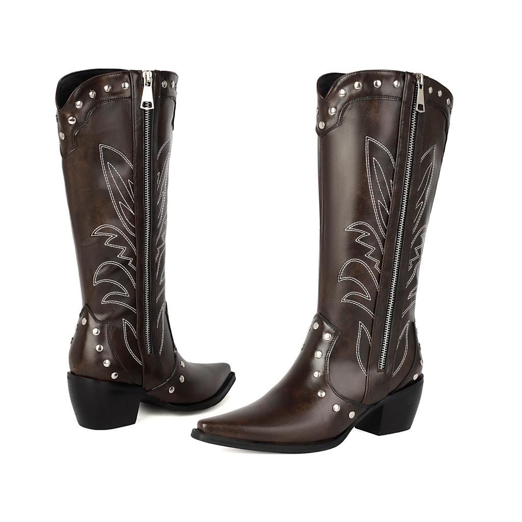 Krazing Po Microfiber Winter Pointed Toe Western Boots Size 43 Metal Rivets Embroidery Thick Heels Mid-calf Boots