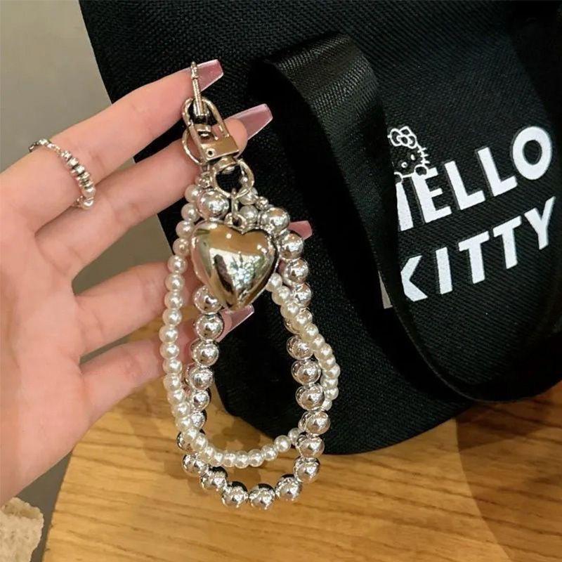 Ins Minimalist Style Simple Pearl Double Chain Heart Short Chain Niche Versatile Phone Case Anti-Lost Phone Chain Trendy