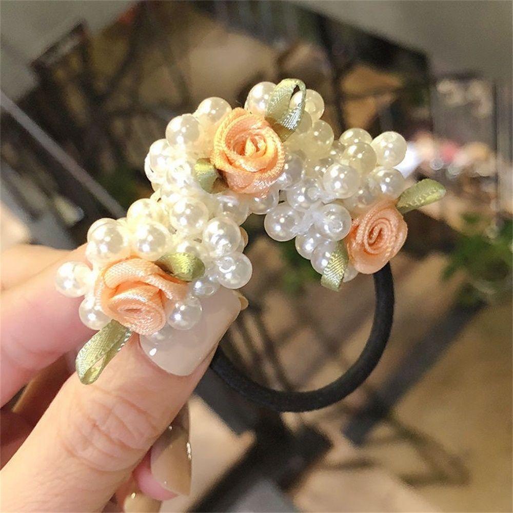 High Elasticity Ponytail Holder Pearl Head Rope Rubber Band Pearl Rose Flower Hair Loop Hair Tie