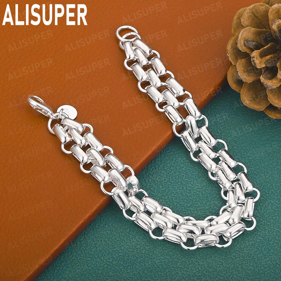 925 Sterling Silver Flat Ring Connected Side Chain Bracelet Gift Jewelry 20CM