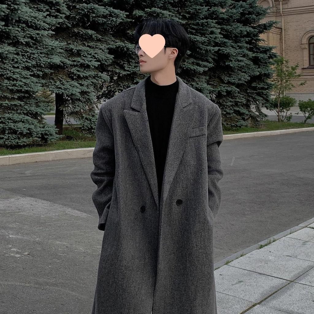Men's Korean Style Over-the-Knee Wool Winter Coat - Thickened, Mid-Length, Loose Fit