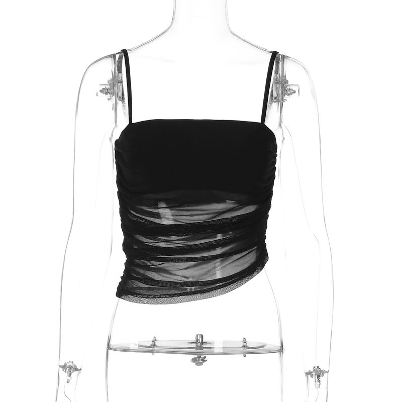 

Shemoda Summer Double-Layer Mesh Splicing Sling Vest Women s Sexy Sexy Pleated High Waist Silm Short Top Black S