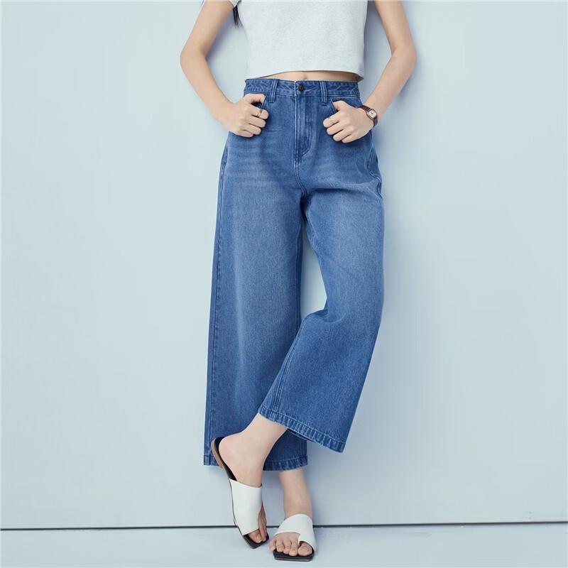 Giordano Women's Washed Mid-Waist Cropped Wide-Leg Jeans