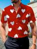 Red And White Heart Full Print Short Sleeve Shirt, Valentine'S Day Cuban Collar Casual Shirt Suitable for Dates/Festive Celebrations